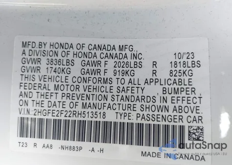 2024 Honda Civic Lx from USA, damaged, VIN 2HGFE2F22RH513518